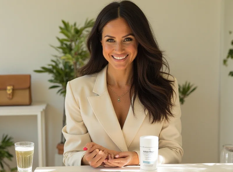 Meghan Markle smiling warmly, wearing a stylish outfit, possibly showcasing a product from 'As Ever', in a bright and airy setting.