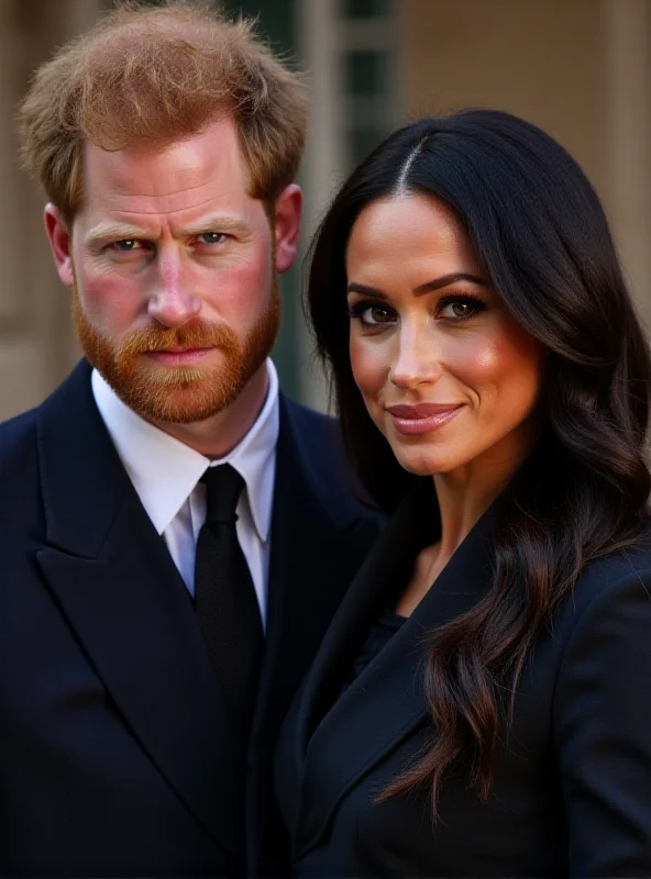 Prince Harry and Meghan Markle standing side-by-side, looking serious and determined, against a backdrop of a formal event, possibly a royal engagement.