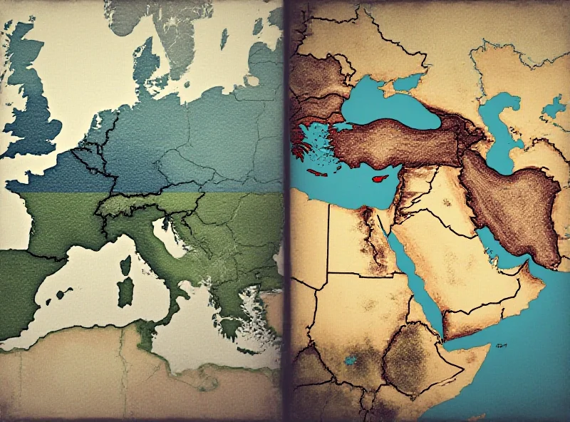 A split image showing a map of Ukraine on one side and a map of the Middle East on the other, with a subtle overlay of barbed wire.