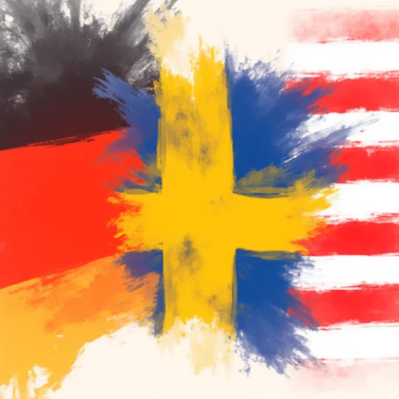 A stylized image representing the flags of Germany, Sweden, and the United States overlapping.