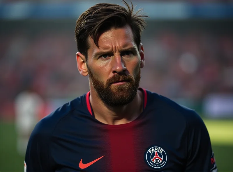 Lionel Messi in a PSG jersey looking thoughtful
