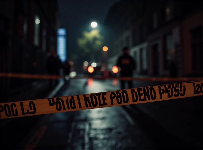 A somber photo of police tape cordoning off a street in London at night. Rain is visible, reflecting the streetlights.