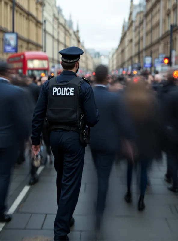 A blurred image of a London police officer walking through a busy street, symbolizing the challenges they face.