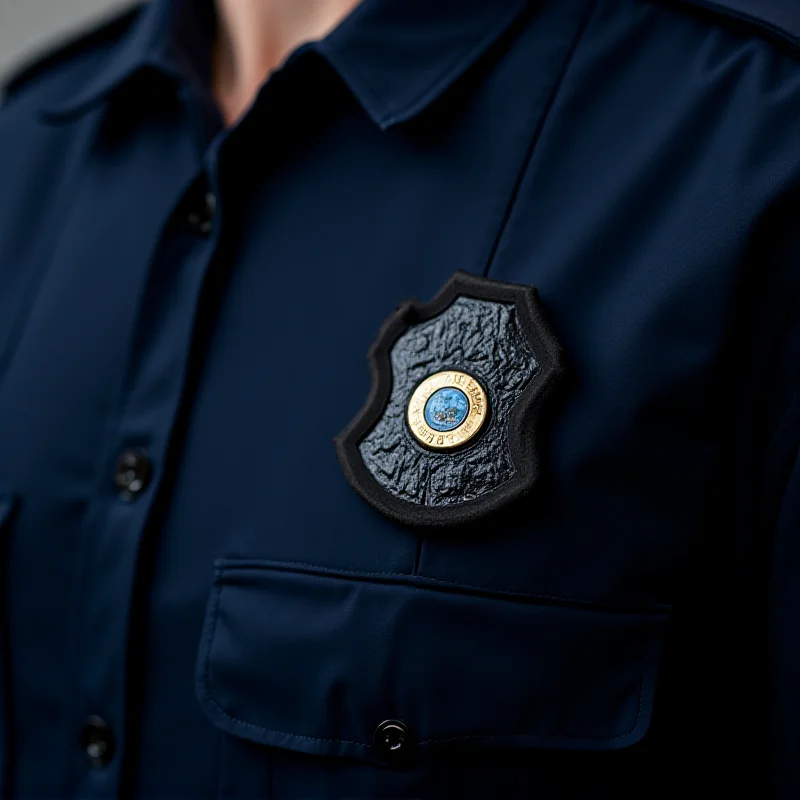 Close up of a police badge on a Metropolitan Police officer's uniform, symbolizing authority and responsibility.