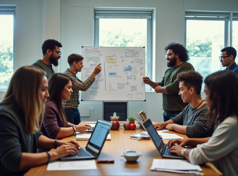 A diverse group of students collaborating on a computer project in a modern university lab. The focus is on teamwork and innovation.