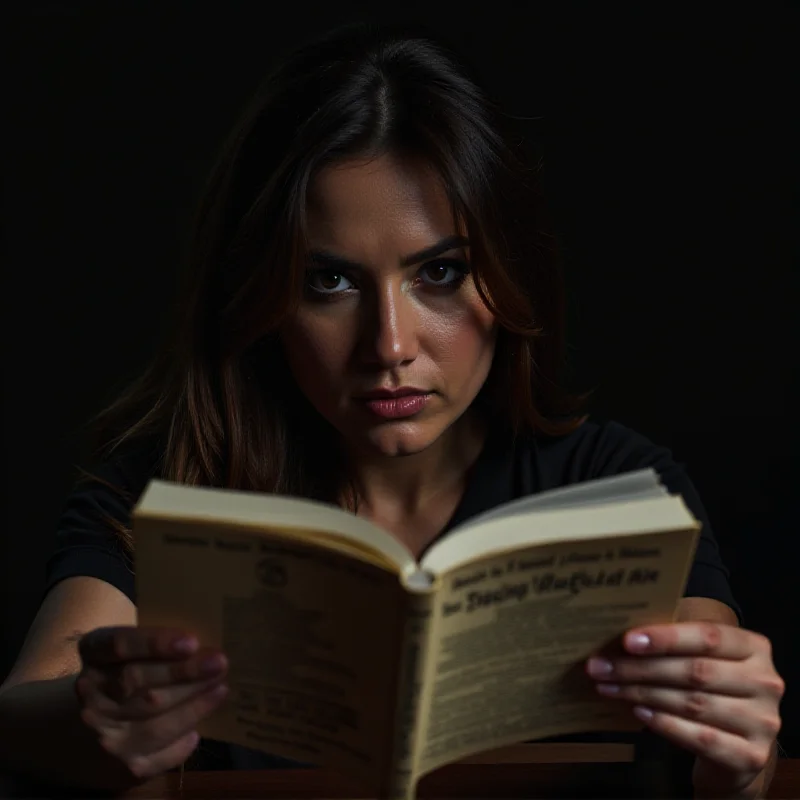A person sitting at a desk, reading a book with a serious expression. The book has a title that is partially obscured but suggests it is a tell-all memoir.
