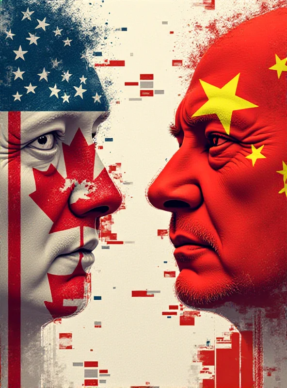 Image depicting a stylized representation of a global trade conflict, showing flags of the US, Canada, and China intertwined with symbols of tariffs and trade barriers. The image should convey a sense of tension and disruption.