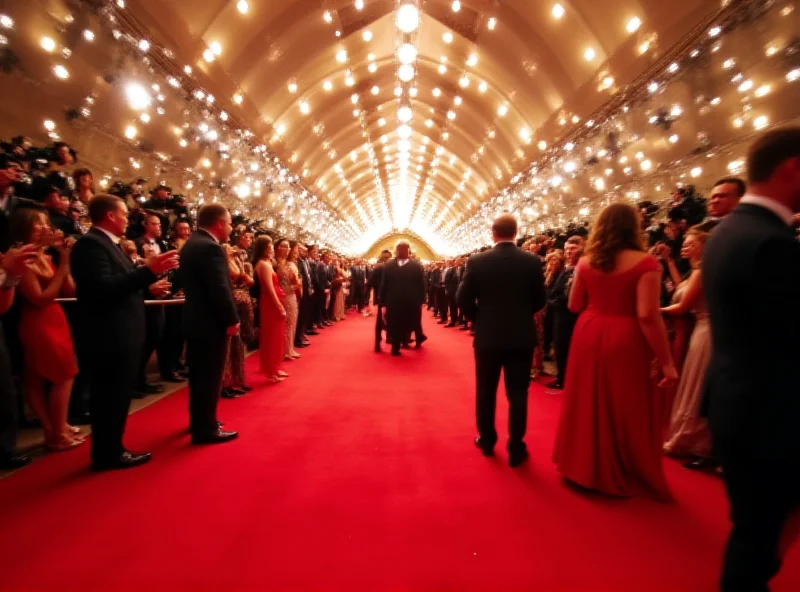 A vibrant red carpet scene at the Oscars with celebrities posing for photographers