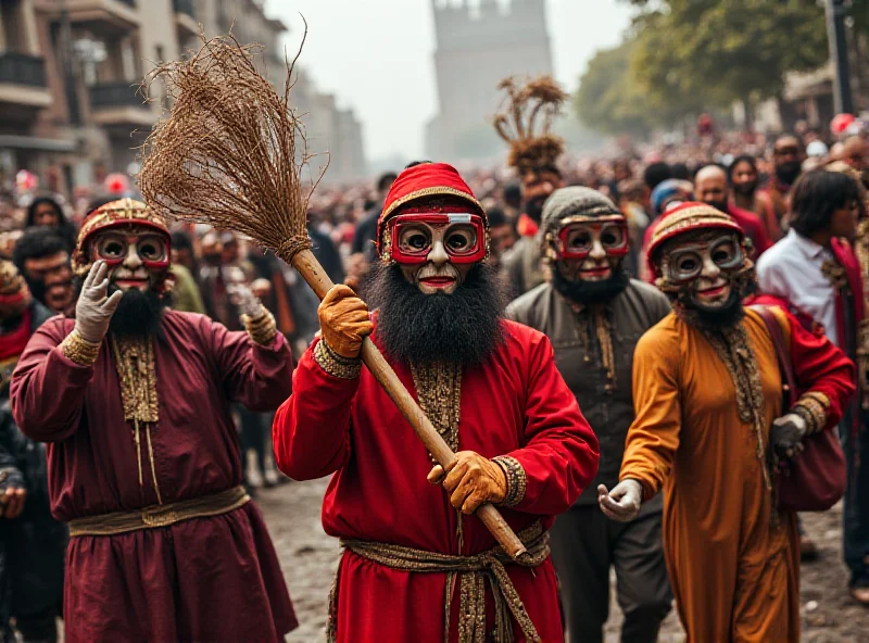 A group of people in traditional carnival costumes with masks and colorful attire, some holding nets.