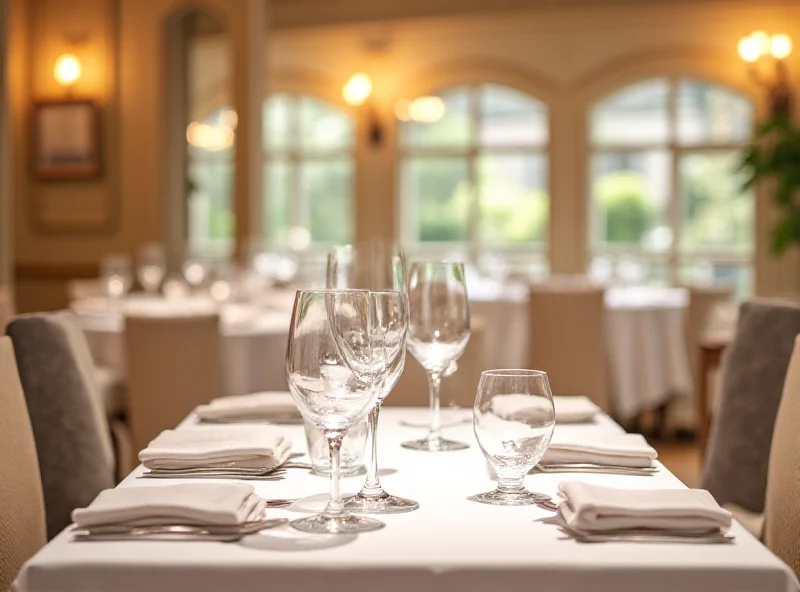 Elegant dining room of a Michelin-starred restaurant with white tablecloths, crystal glasses, and sophisticated decor. Soft lighting creates a luxurious atmosphere. No people are visible.