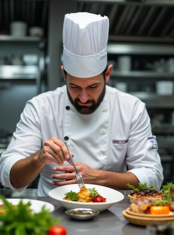 Chef Marc Veyrat in his kitchen, wearing a tall white chef's hat and a crisp white uniform. He is looking intensely at a plate of food, holding a spoon and carefully adjusting the garnish. Stainless steel kitchen equipment is visible in the background.