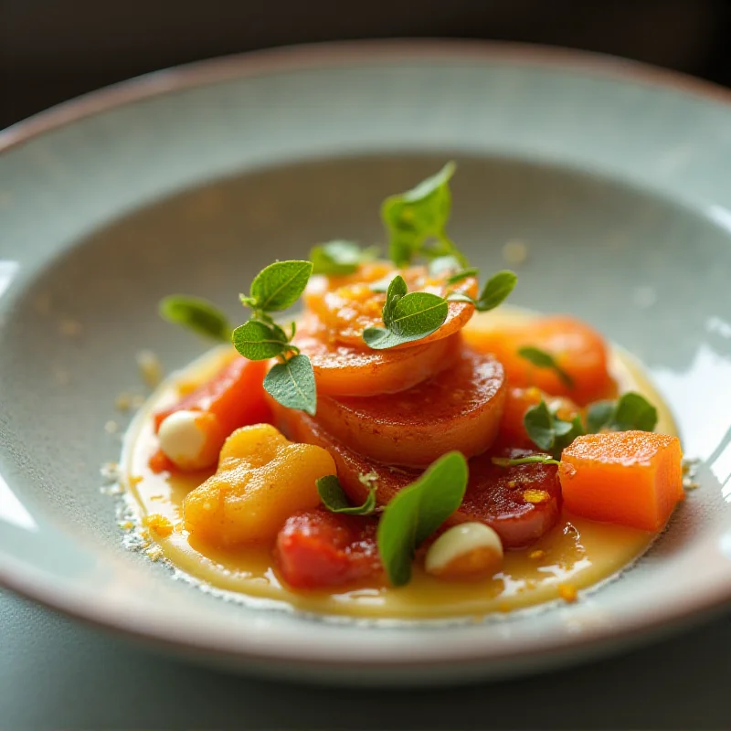A close-up shot of a beautifully plated dish from Ricardo Temiño's 'Camino' tasting menu. The dish features vibrant colors and textures, with small, artfully arranged components. The focus is on the intricate details and presentation of the food.