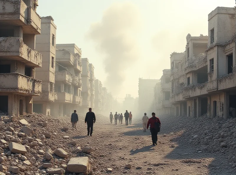 A desolate cityscape of Gaza, showing bombed-out buildings and rubble. Smoke rises in the distance, and aid workers are visible helping civilians.