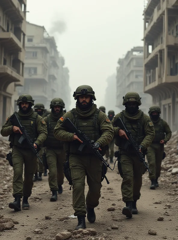 A group of Syrian soldiers in combat gear patrolling a war-torn street in a Syrian city. Buildings are damaged in the background and smoke is visible in the air.