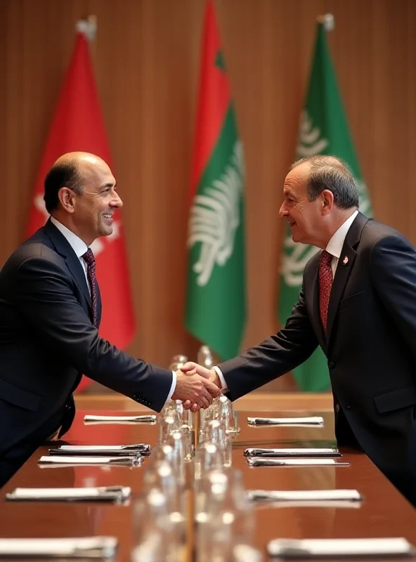 Meeting between Lebanese and Saudi Arabian officials, showing handshakes and smiles, symbolizing diplomatic efforts.