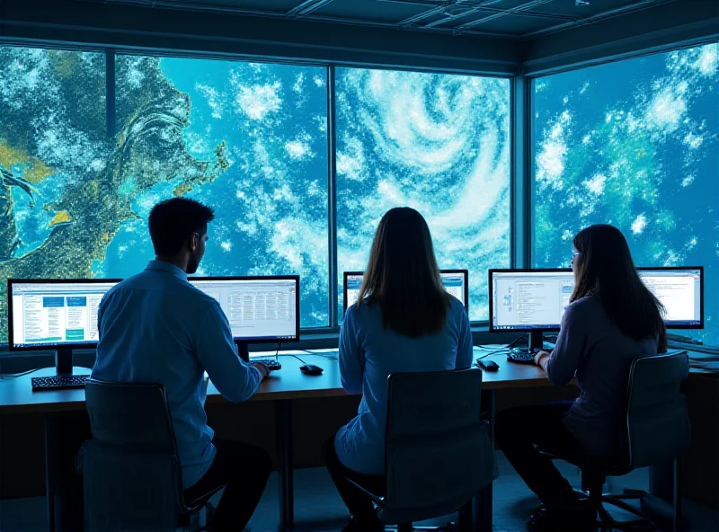 A group of weather forecasters working at their desks in a modern office environment, monitoring weather patterns on large screens.