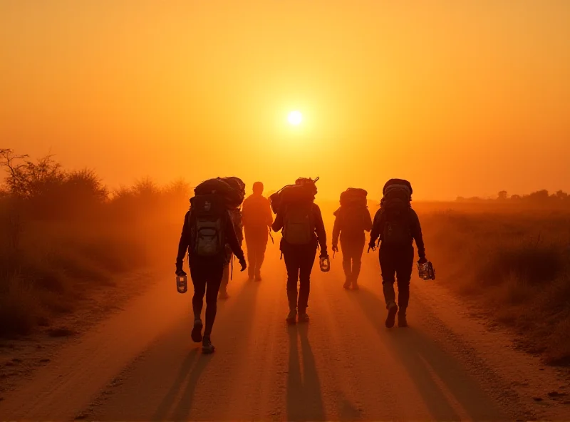 A group of migrants walking along a dusty road in Panama, carrying their belongings. The sun is setting, and the landscape is arid and challenging.