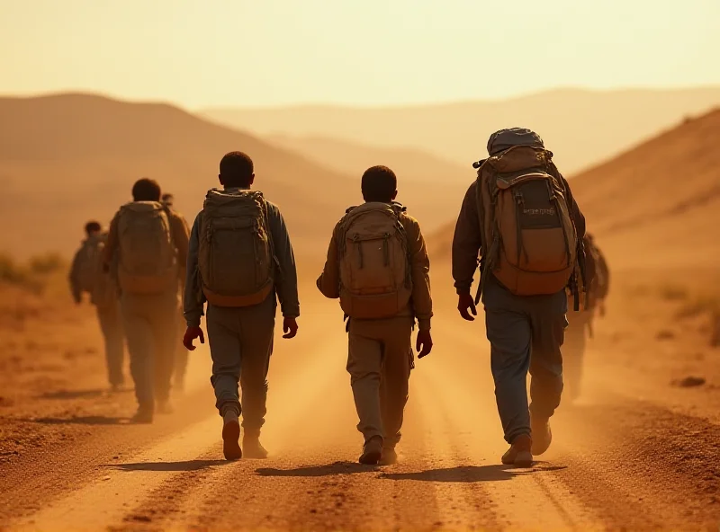A group of migrants walking along a dusty road, carrying backpacks and belongings, with a blurred landscape in the background.