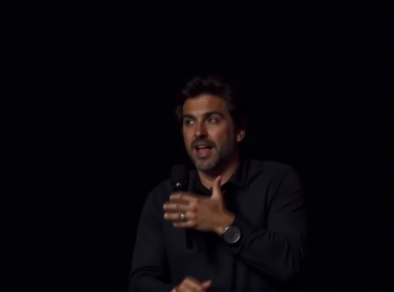 Francesco Salvi performing stand-up comedy on a dimly lit stage with a microphone in hand, wearing a casual outfit.