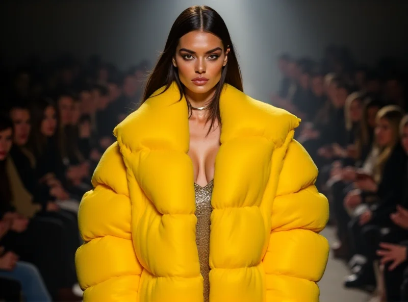 A stylish woman wearing a puffy coat and low-cut top on the Gucci runway during Milan Fashion Week.
