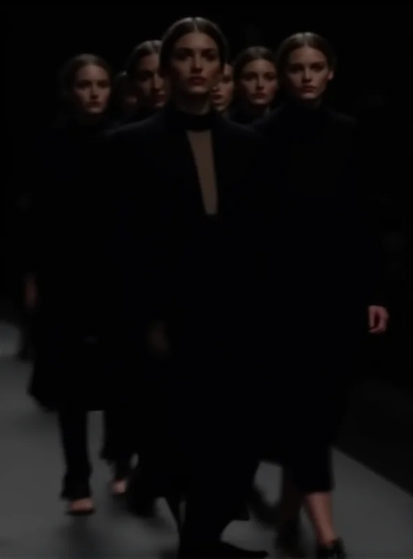 Models walking the runway at the Prada show during Milan Fashion Week, wearing loose black dresses.