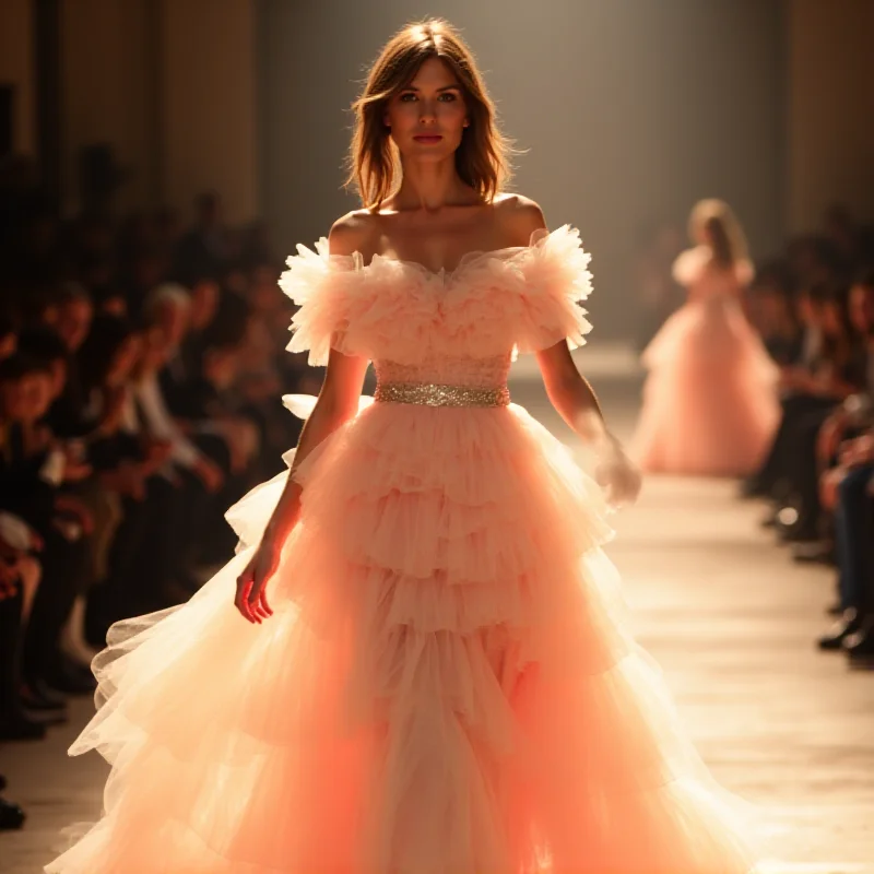 A model showcasing a design with ruffles and drapes on the Alberta Ferretti runway during Milan Fashion Week.