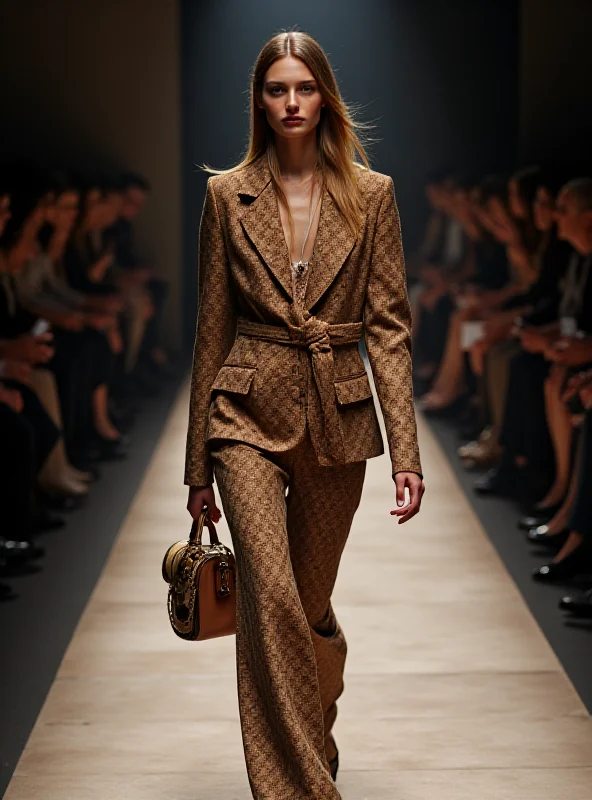 A model walks the runway during a Gucci fashion show at Milan Fashion Week, wearing a classic Gucci logo print outfit.