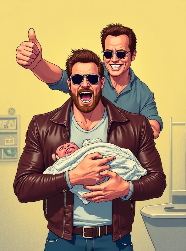 A humorous illustration depicting Chris Pratt wearing a Terminator-style outfit, coughing dramatically while holding a baby. Arnold Schwarzenegger stands behind him, giving a thumbs-up.