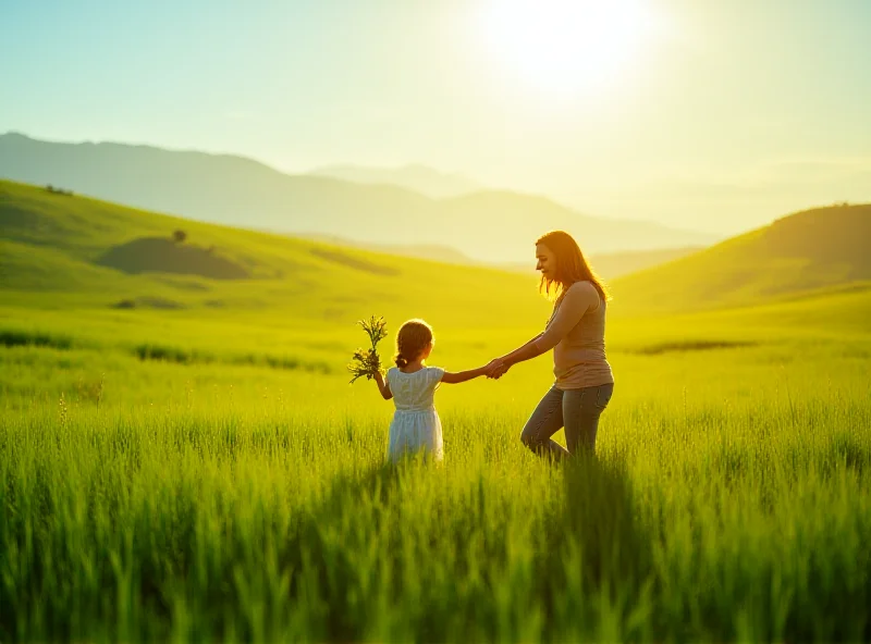 A parent gently guiding a child through a lush green field, bathed in golden sunlight. The scene evokes a sense of peace, growth, and connection.