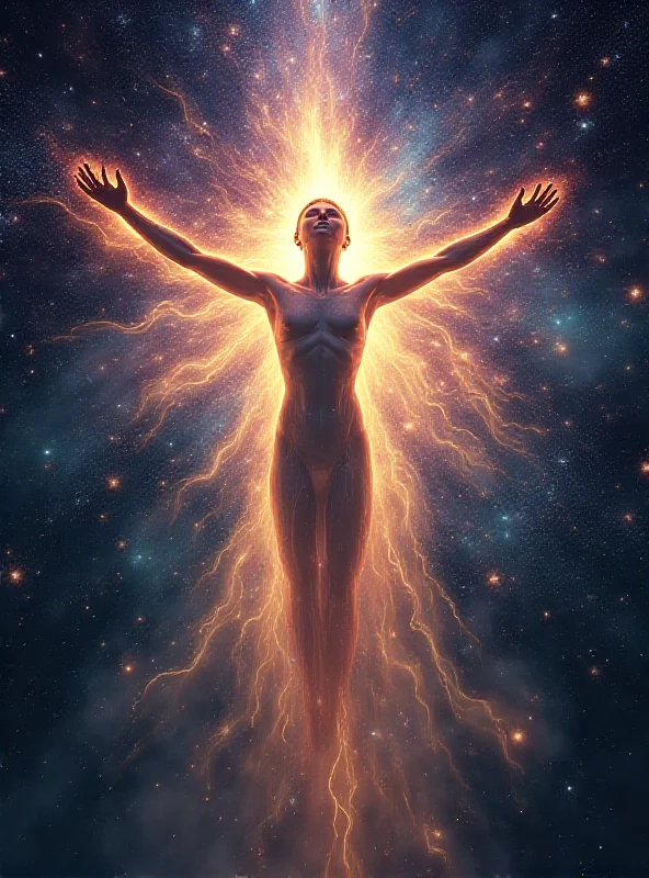 A radiant, ethereal figure with outstretched arms, surrounded by swirling galaxies and constellations. The image conveys a sense of immense power, divine energy, and cosmic transformation.