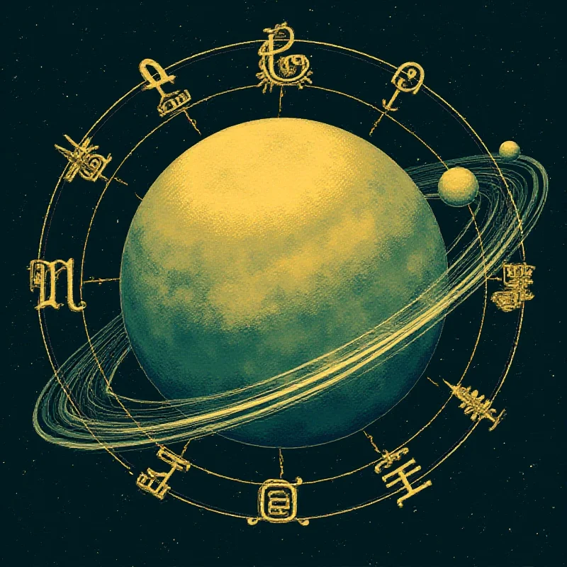 A stylized depiction of the planet Venus in retrograde, with swirling lines and astrological symbols. The color palette is predominantly gold, green, and deep blue, representing wealth, growth, and the cosmos.