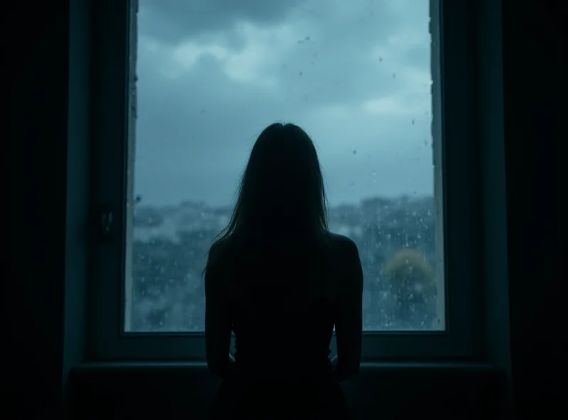 A silhouette of a woman standing alone in a dimly lit room, looking out a window at a stormy sky. The image evokes feelings of sadness, isolation, and resilience in the face of adversity.