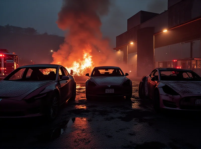 Burnt out Tesla cars at a dealership after a fire, with firefighters present.
