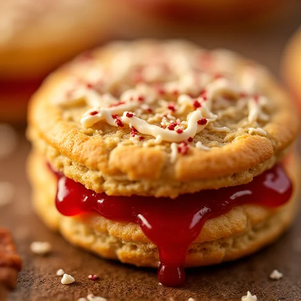 A close-up shot of a delicious Empire biscuit, highlighting its layers of jam and icing.