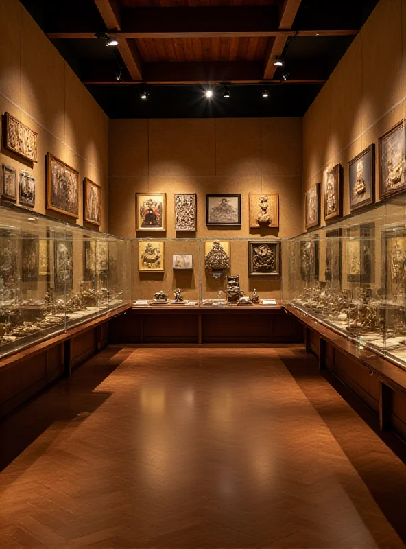 Interior shot of a museum exhibit featuring various historical artifacts and decorative pieces.