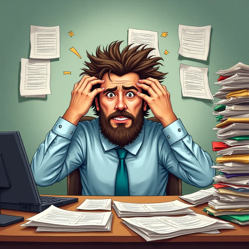 A stressed government worker sitting at a desk piled high with paperwork, looking overwhelmed by the request to submit weekly reports.