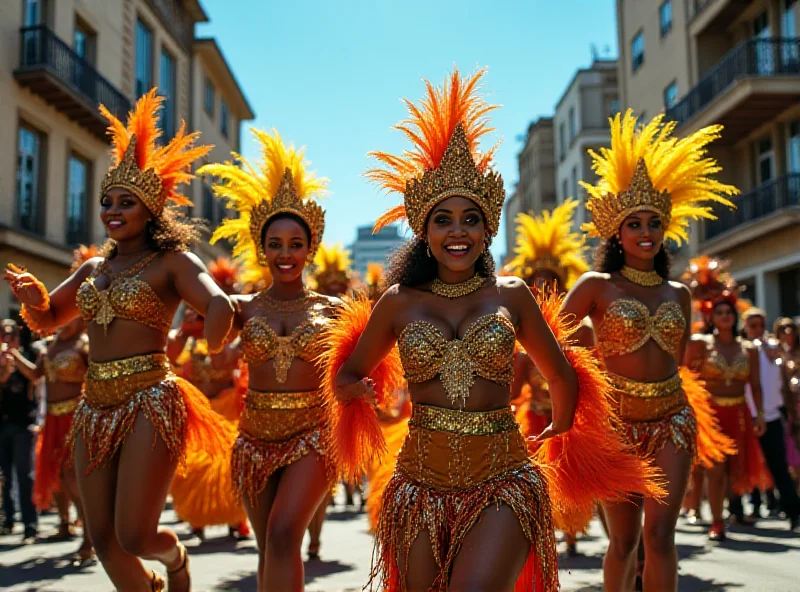 A vibrant carnival scene with dancers in colorful costumes, representing Mocidade's tribute to Márcia Lage.