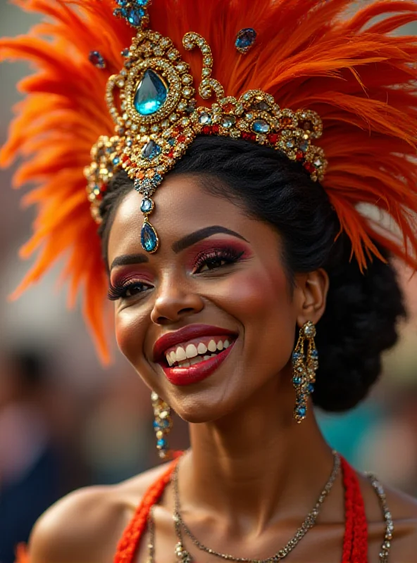 Close-up portrait of a carnival dancer, representing Márcia Lage, with a kind smile and sparkling costume.