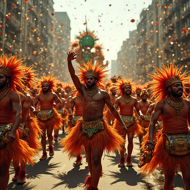 A wide shot of Mocidade's performance, showing the samba school's vibrant colors and elaborate floats, representing the continuation of carnival traditions.