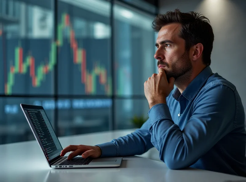 A person sitting at a desk, looking thoughtfully at a laptop screen displaying stock market charts and financial data.