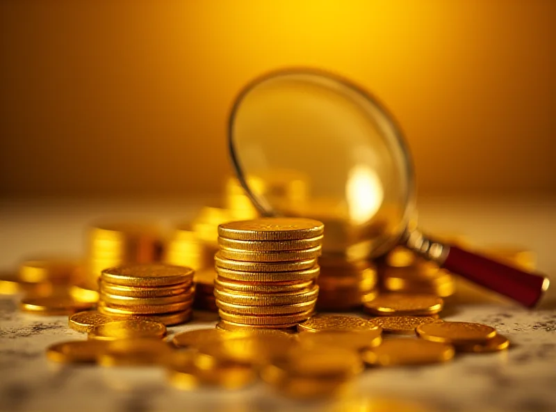 A stack of gold coins with a magnifying glass hovering over them, suggesting financial growth and investigation.