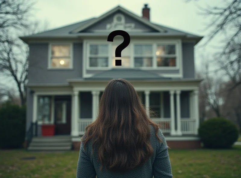 A worried person looking at a house with a question mark above their head, symbolizing uncertainty and potential scams in real estate.