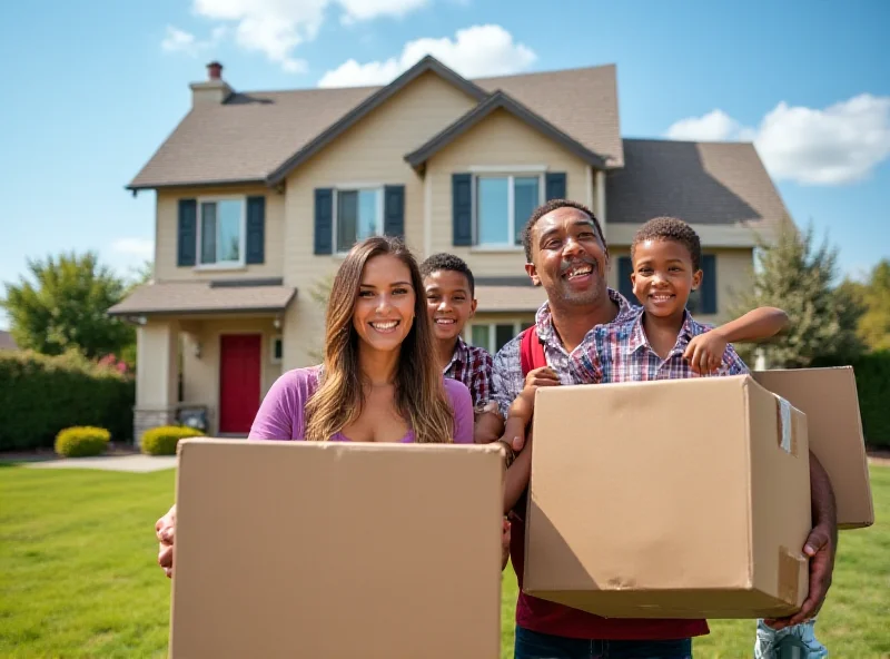 A family happily moving into their new home, surrounded by moving boxes and smiling.