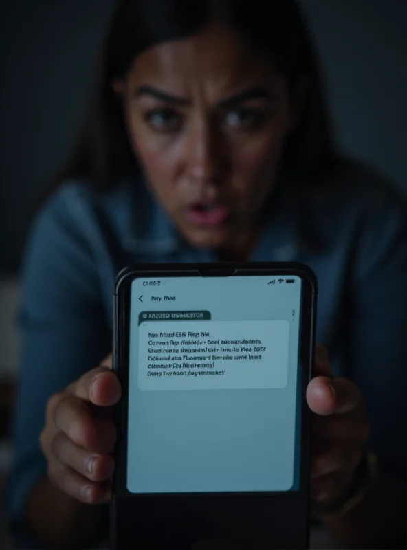 A smartphone displaying a fraudulent payment request from a scammer, with a worried expression on a person's face in the background.