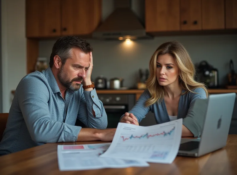 A concerned man sitting at a table with his wife, looking worried about their finances.