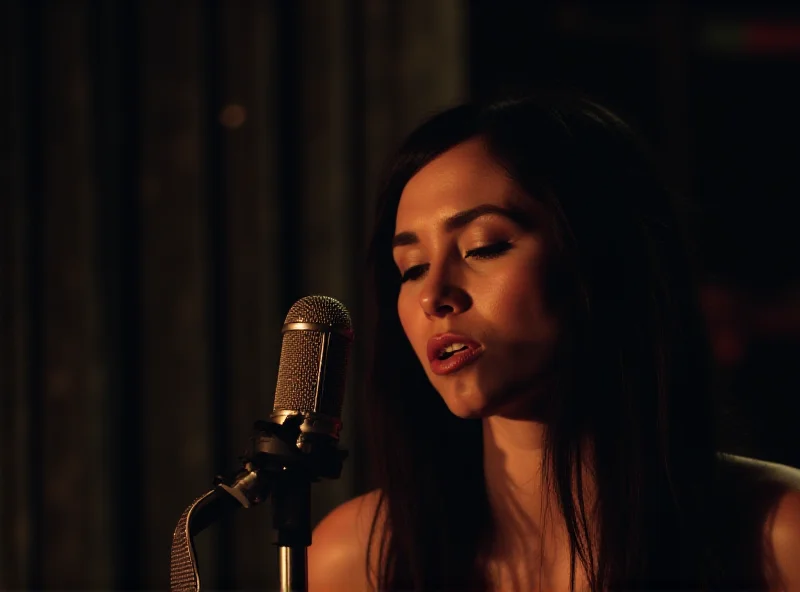 Monica Barbaro as Joan Baez singing into a vintage microphone.