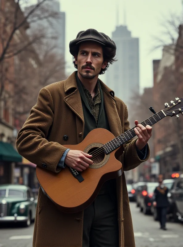 Timothée Chalamet as Bob Dylan holding a guitar, looking thoughtfully into the distance.