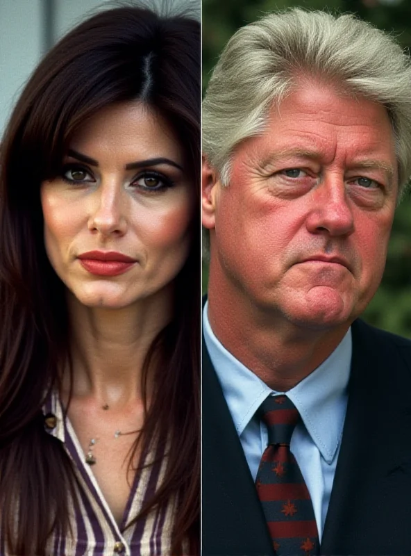 A split image: On one side, a young Monica Lewinsky; on the other, a portrait of Bill Clinton.
