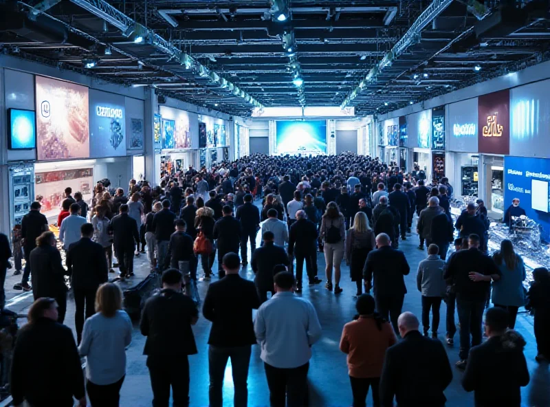Crowd of people walking around a technology convention.