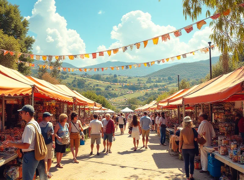 A vibrant outdoor travel festival with people browsing stalls and enjoying food, set against a backdrop of rolling hills and vineyards under a sunny sky.